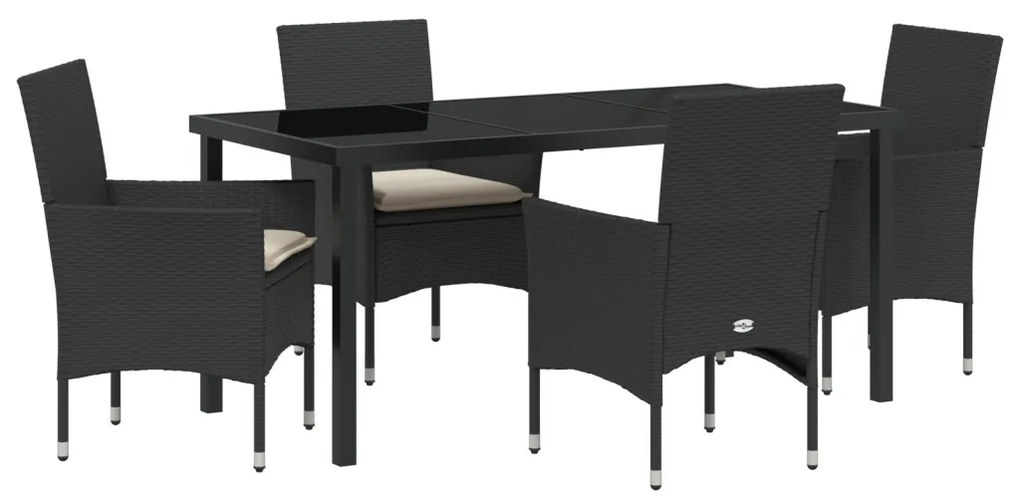 5 darabos kerti étkező garnitúra párnákkal fekete polirattan, Kerti asztal fekete 160x80x73 cm edzett üveggel