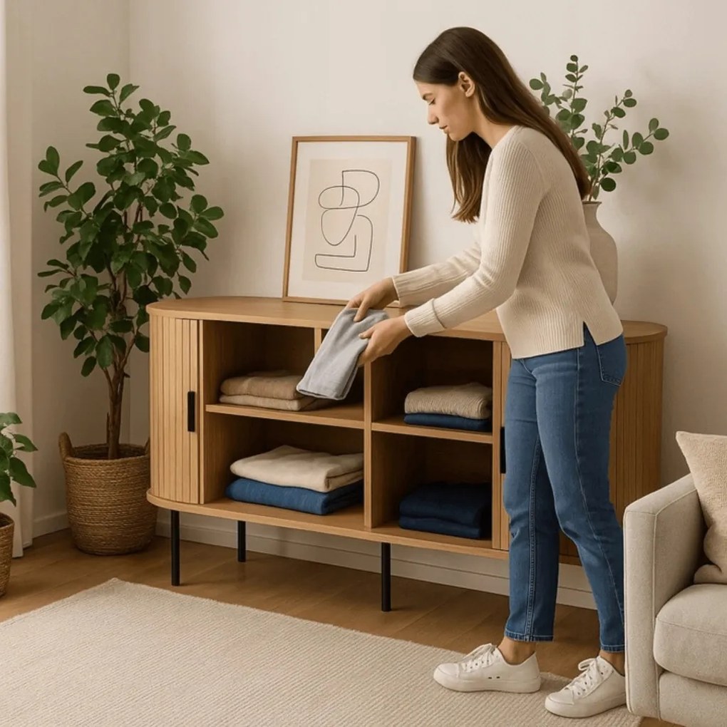 TRISH komód 140 cm, kétajtós, tolóajtós, tölgy