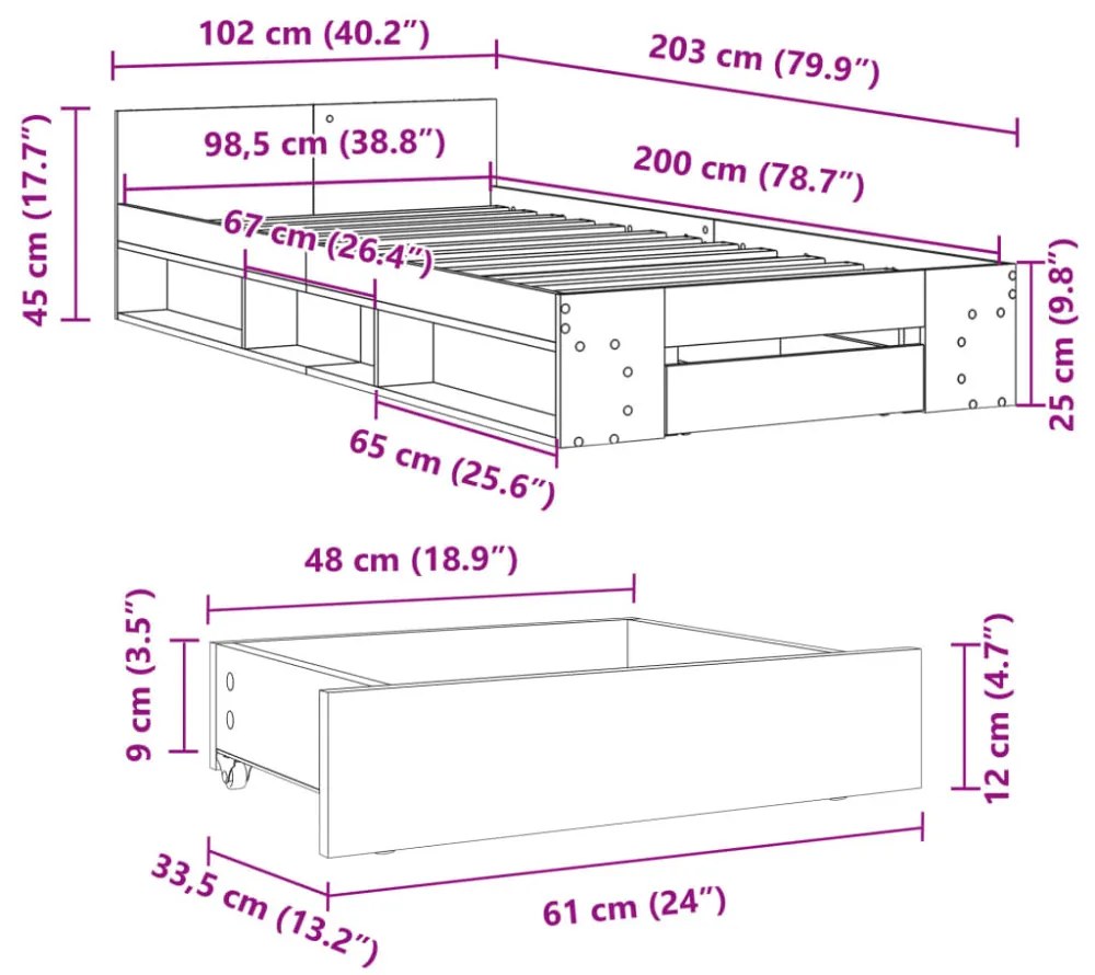 betonszürke szerelt fa ágykeret fiókkal 100 x 200 cm
