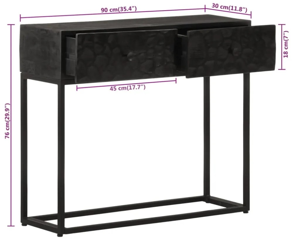 fekete tömör mangófa és vas tálalóasztal 90 x 30 x 76 cm