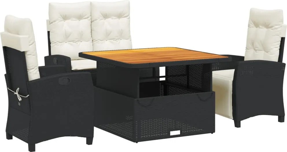 vidaXL 4 részes fekete polyrattan kerti étkezőszett párnákkal