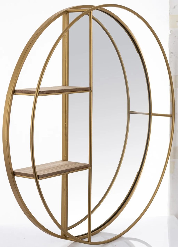 Design kör alakú fürdőszobai fali polcos tükör fa polcokkal 80x80x12cm