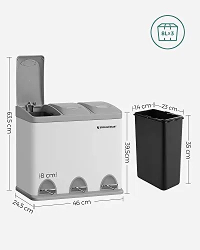3 x 8 literes konyhai szemetes tetővel, fém pedálos, acél, könnyen tisztítható, fehér és szürke