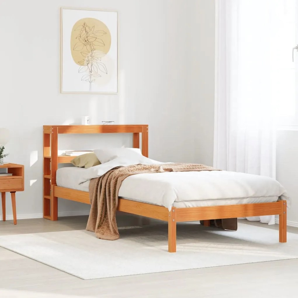 viaszbarna tömör fenyőfa ágykeret fejtámlával 75 x 190 cm