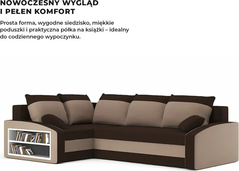 Grande sarokkanapé polcokkal , polc a bal karfaban, baloldali, szövet anyag, hab töltet, barna