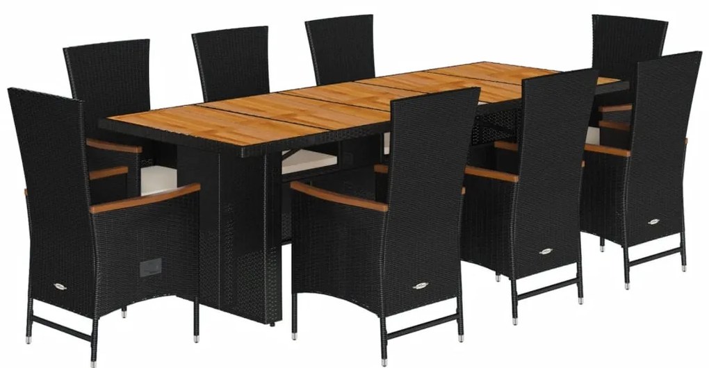 9 részes fekete polyrattan kerti étkezőgarnitúra párnákkal