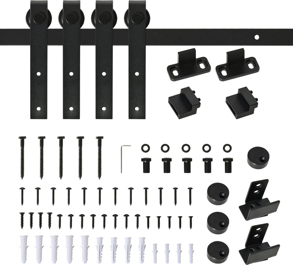 HOMCOM 200cm Csúszóajtó Készlet: Csúszóajtó Rendszer Padlóvezetővel, Csúszóajtó Sínekkel és Felszerelésekkel Szénacélból Készült Kétlapos Csúszóajtóho