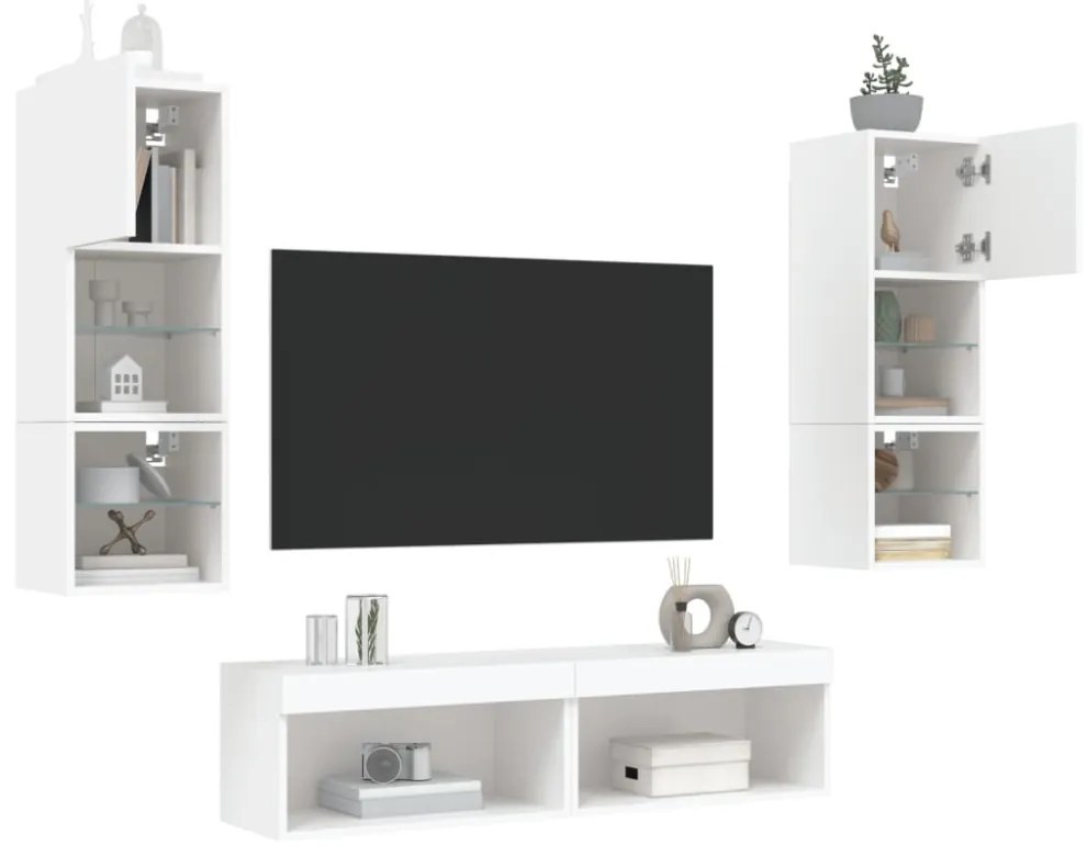 6 darab fehér szerelt fa fali TV-bútor LED-del