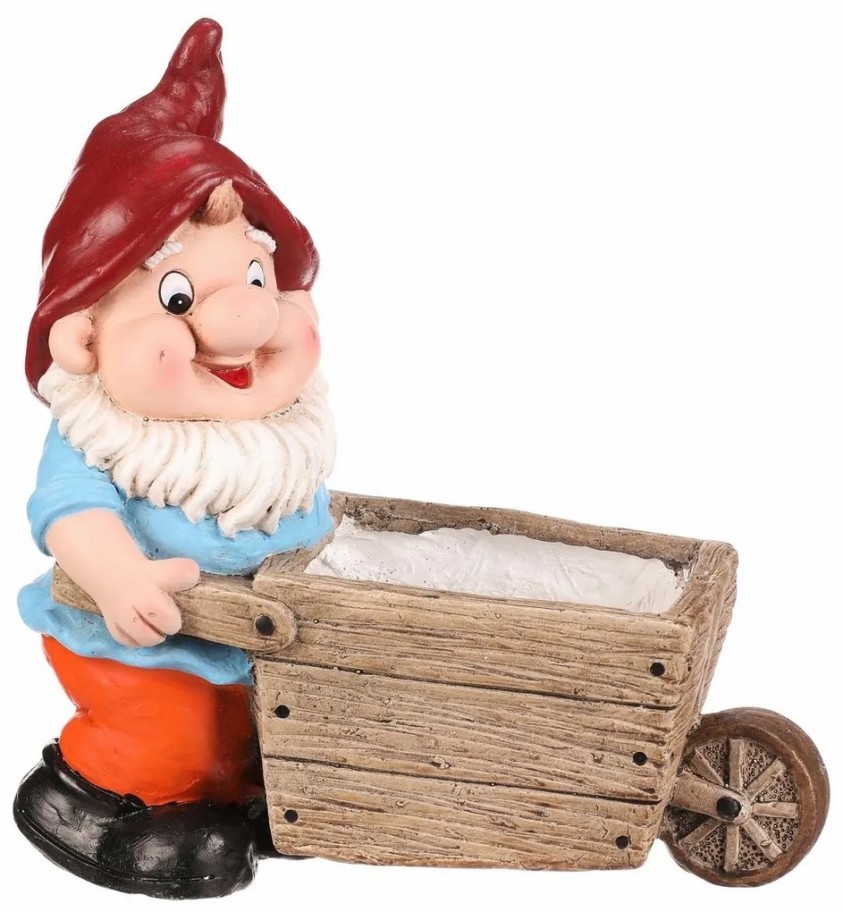 Kerti dekoráció Törpe talicskával, piros, 31 x 16x 33 cm
