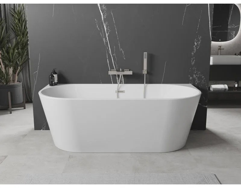 Mexen Oval, szabadon álló fali kád 180 x 80 cm, fehér, szálcsiszolt acél túlfolyó, 52671808000-97