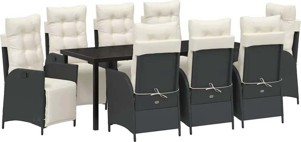 vidaXL Kert étkező szett párnával 9 pcs Fekete polirattan