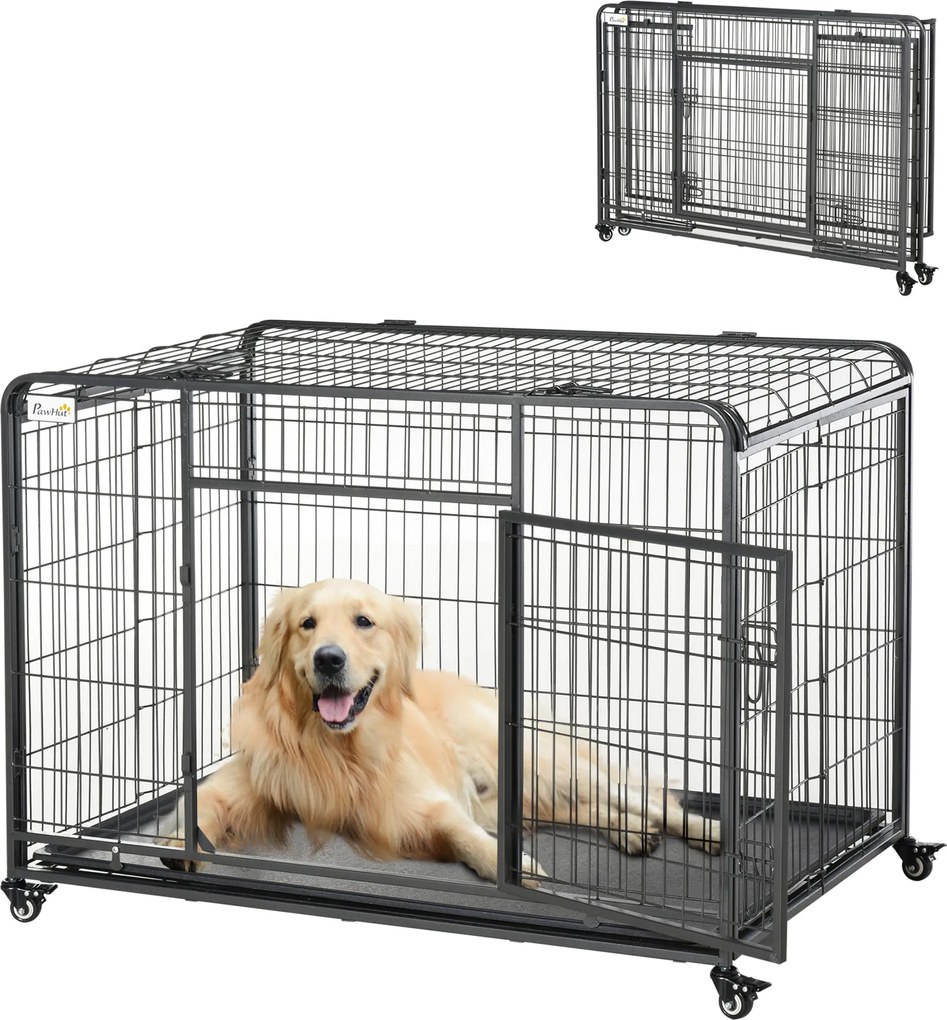 PawHut Összecsukható Fém Kutya Ketrec Nagy Kutyák Számára 125x76x81 cm Kerekekkel és Fékrendszerrel, Kivehető Tálca és Ajtó Zárakkal Golden Retriever