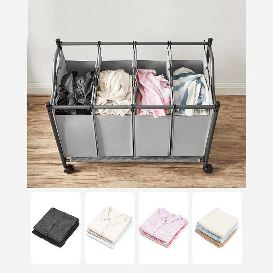 Szennyeskosár görgőkkel 4 x 35l, 4 kivehető táskával, szürke