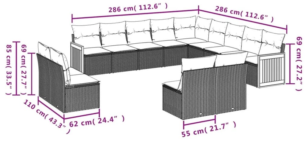 13 részes fekete polyrattan kerti ülőgarnitúra párnákkal