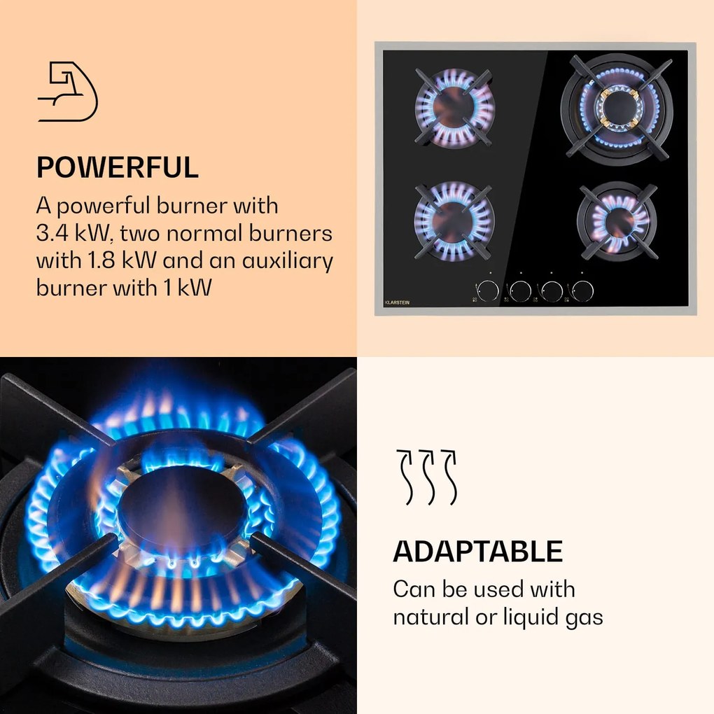 Klarstein Goldflame 4 Prime, gázfőzőlap, 4 Messing égő, üvegkerámia