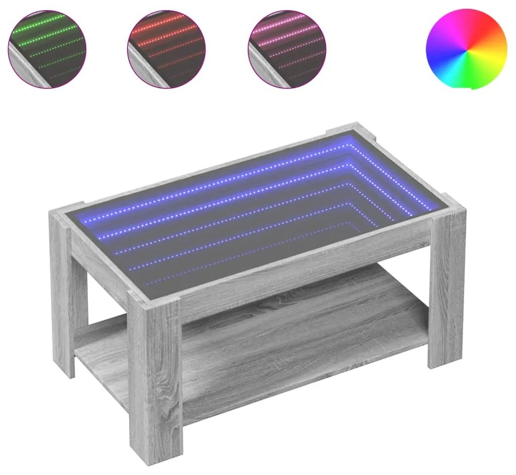 szürke sonoma szerelt fa dohányzóasztal LED-del 93 x 53 x 45 cm