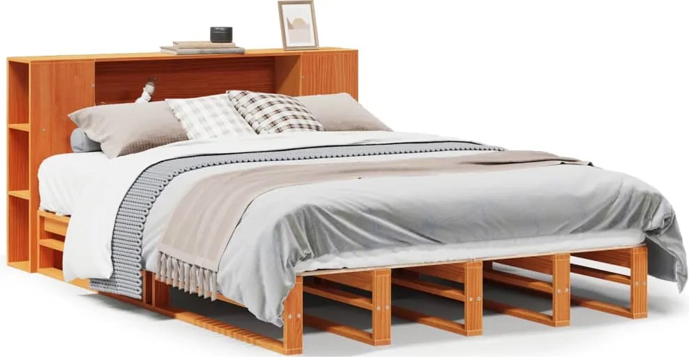 vidaXL viaszbarna tömör fa könyvespolcos ágy matrac nélkül 135 x 190cm