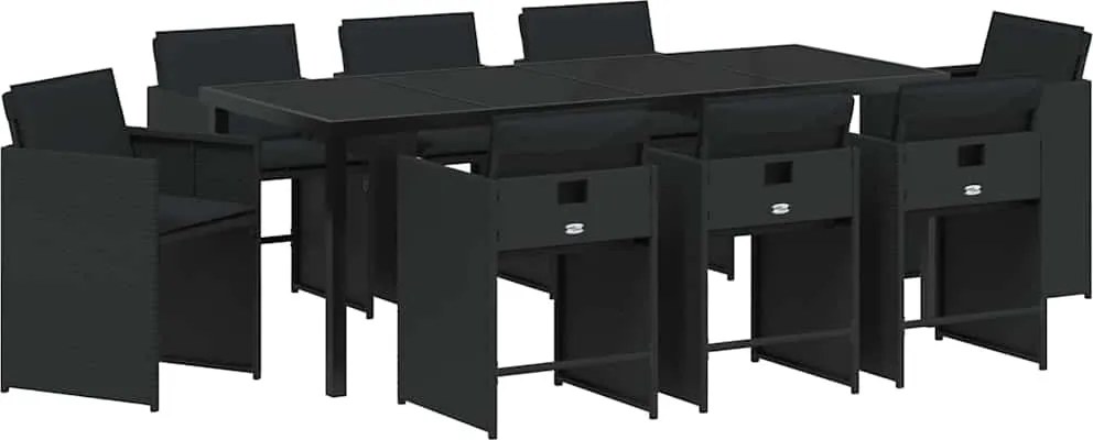 vidaXL Kert étkező szett párnával 9 pcs Fekete polirattan