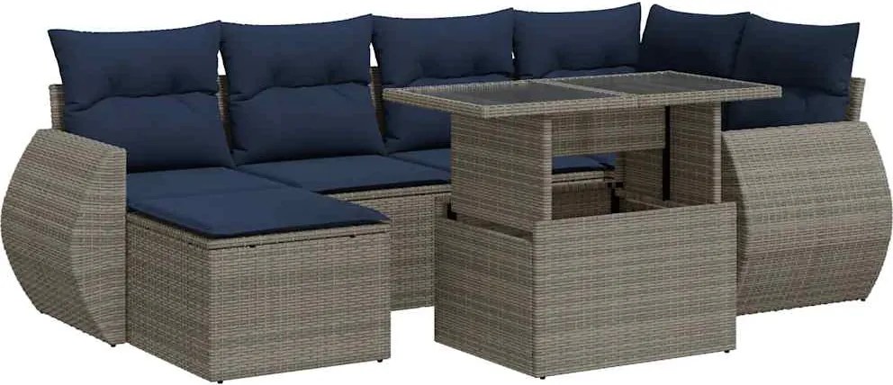 vidaXL 7 részes szürke polyrattan akácfa kerti ülőgarnitúra párnákkal