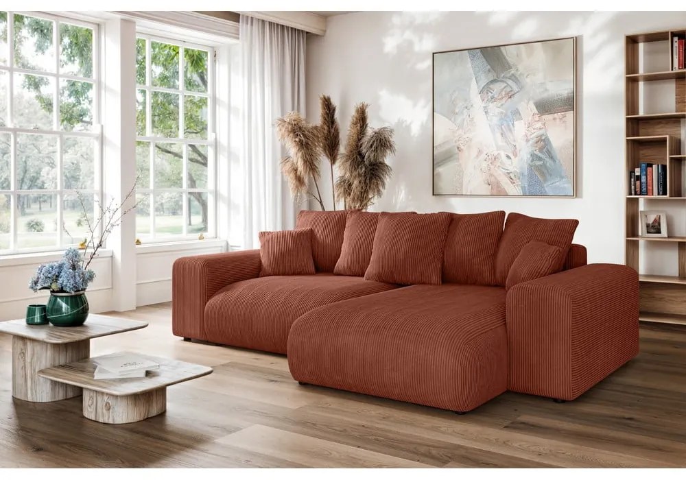 Téglavörös kordbársony kinyitható tárolóhelyes sarokkanapé (variálható sarok) Luma – Ropez