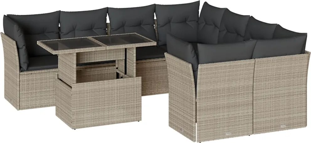 vidaXL 9 részes világosszürke polyrattan kerti ülőgarnitúra párnával