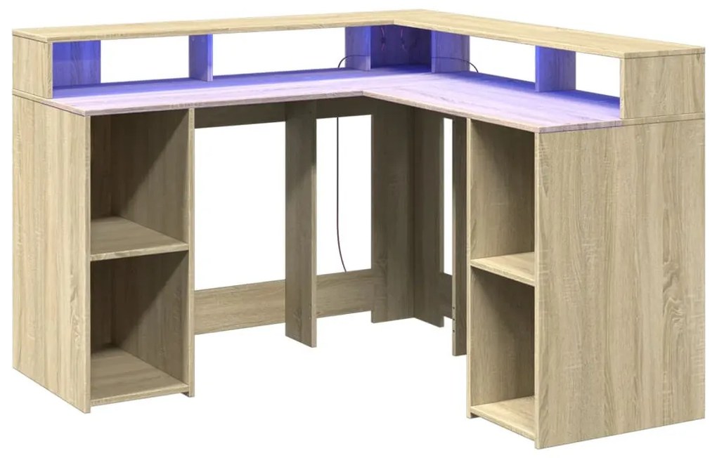 sonoma tölgy színű szerelt fa íróasztal LED-ekkel 130x130x91 cm
