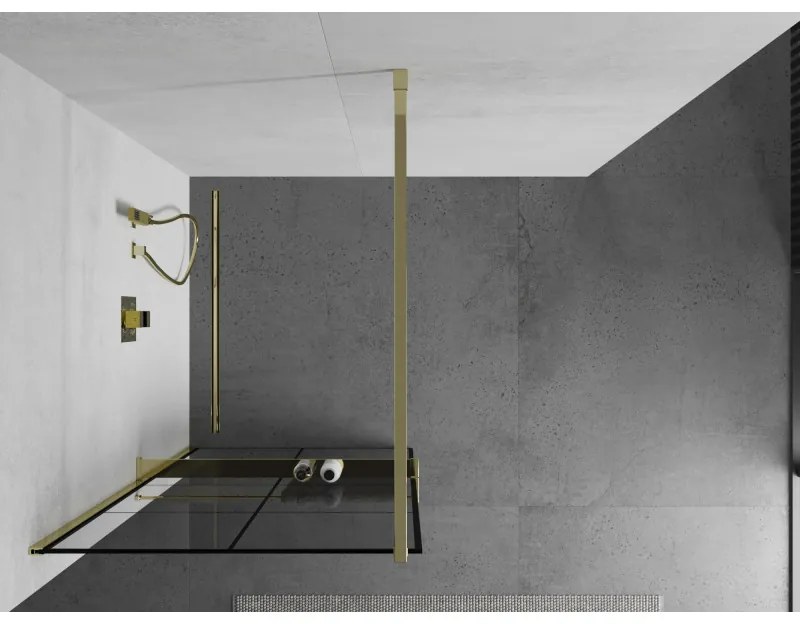 Mexen Kioto +, zuhanyparaván polccal és törölközőtartóval 80 x 200 cm, 8mm átlátszó üvegmintás fekete, arany profil, 800-080-121-50-77