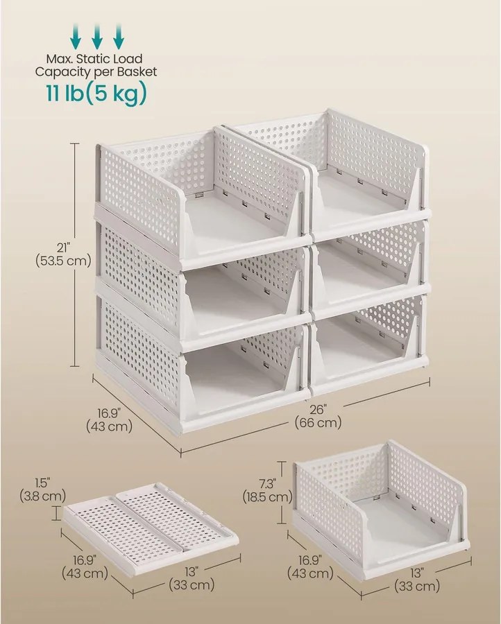 SONGMICS egymásba rakható ruhatároló kosár készlet (6 db-os), 43 x 33 x 18,5 cm, fehér