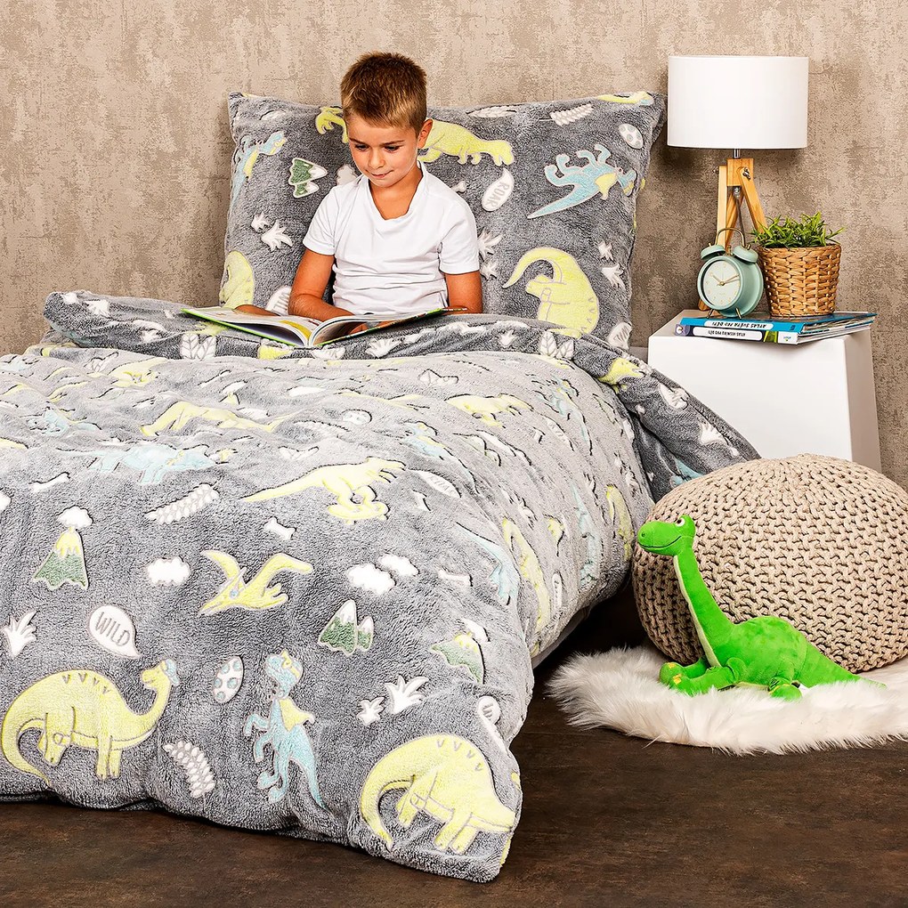 4Home Dino világító mikroflanel ágyneműhuzat, 140 x 200 cm, 70 x 90 cm