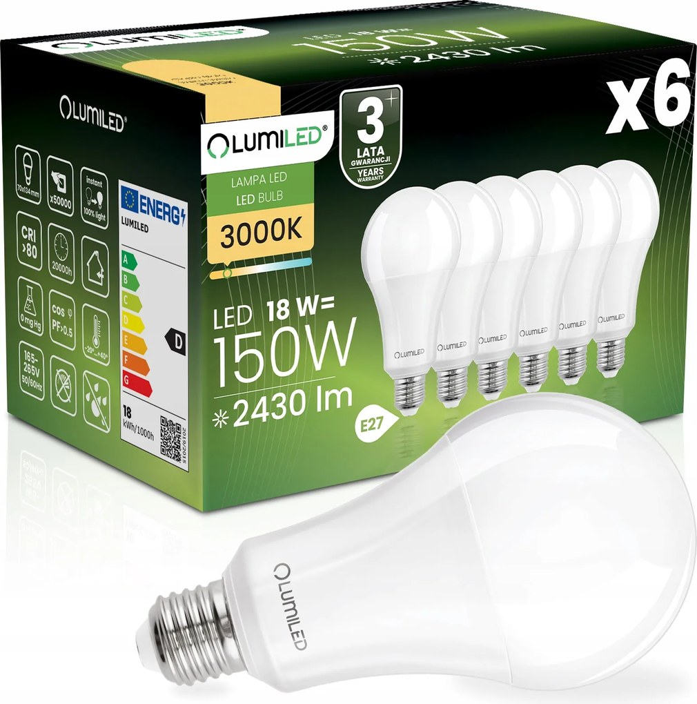 6 db E27 Led izzó 18W 150W 2430lm 3000K Meleg Fehér Premium EMC2 Lumiled