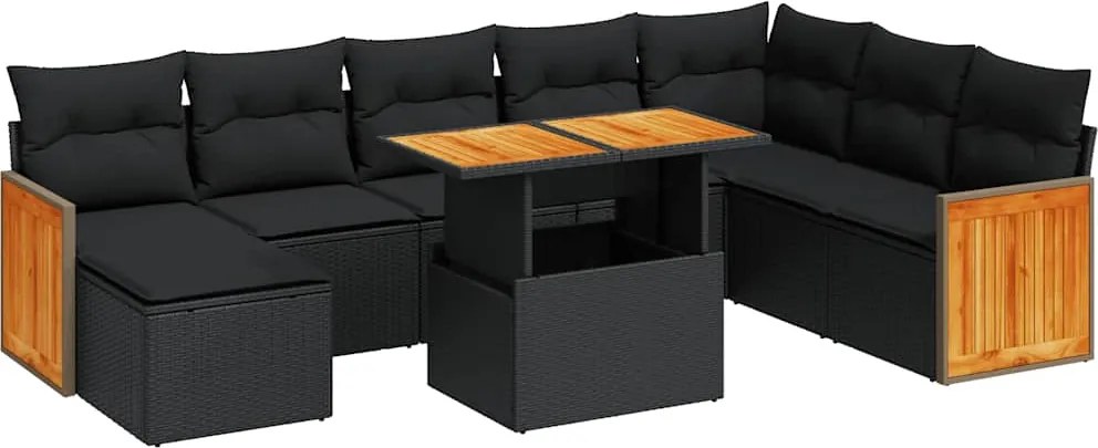 vidaXL 9 részes fekete polyrattan akácfa kerti ülőgarnitúra párnákkal