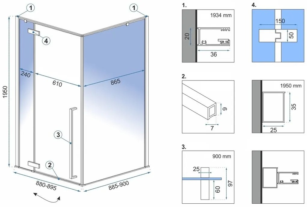 Rea Fargo, zuhanykabin csuklós ajtókkal 90 (ajtó) x 90 (fal) x 195 cm, 6mm átlátszó üveg, fekete profil + fekete Savoy zuhanytálca, KPL-K7318