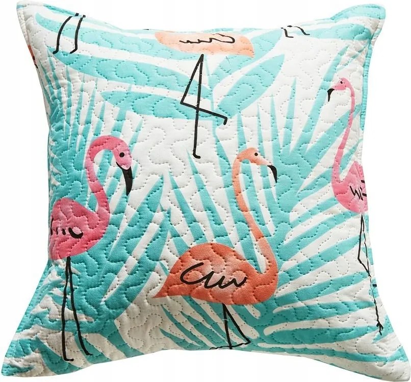 Dekoratív párnahuzat 45x45 fehér flamingók pálmalevelek menta steppelt