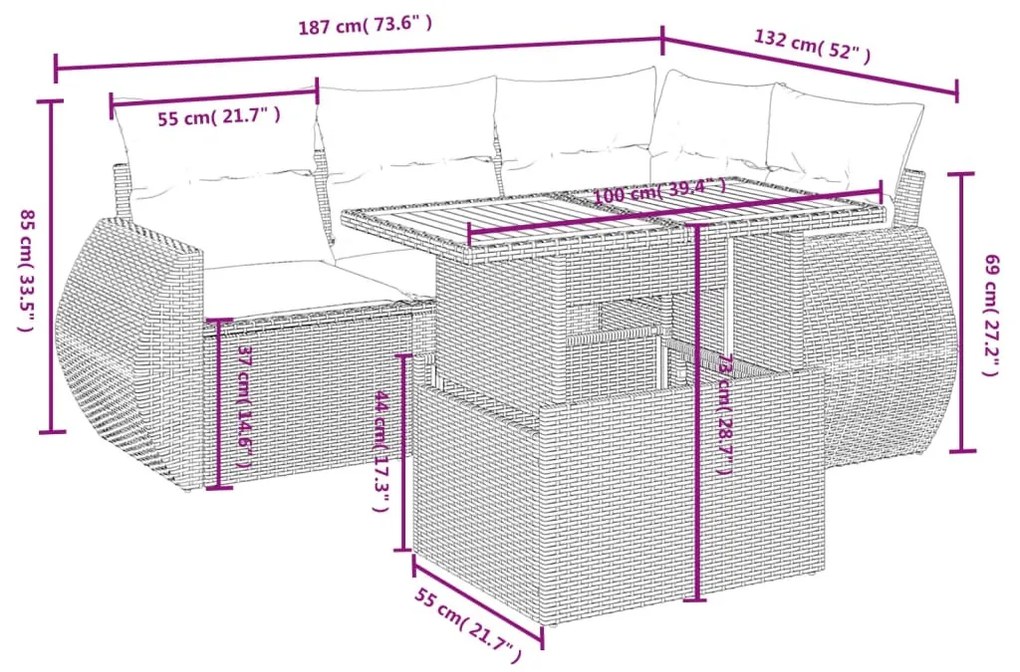 5 részes szürke polyrattan kerti ülőgarnitúra párnákkal