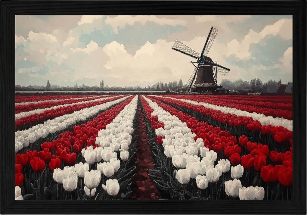 Poszter Keret Fa Tulipán Szélmalom Hollandia Virágok Mező 60x40