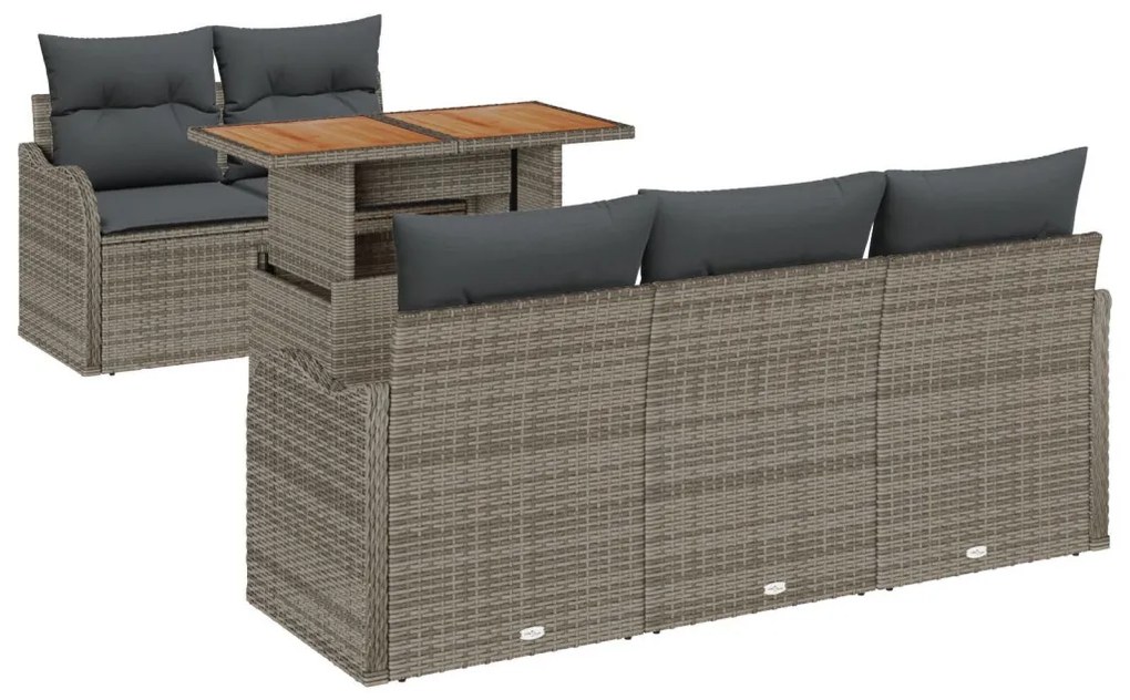6 Darabos Kert-kanapé Szett Párnákkal Szürke Poly Rattan Akácfa, 2-Fős Kert-kanapé Párnákkal Szürke Poly Rattan