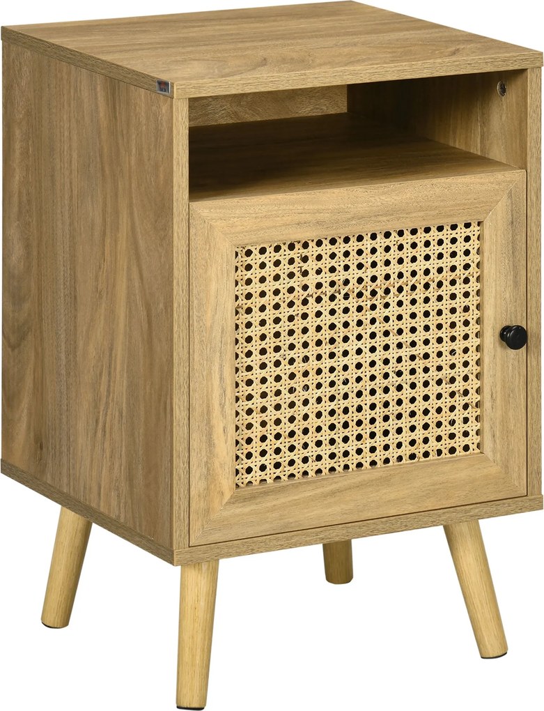 HOMCOM Fából készült Éjjeliszekrény, Kisméretű Fából készült Éjjeliszekrény, Boho Stílus, Szekrénnyel és Nyitott Polccal, Hálószobába, Nappaliba, 39x3