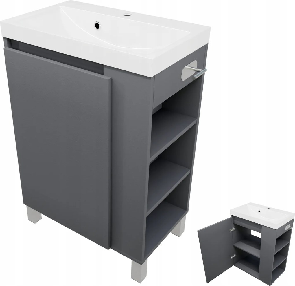 Fürdőszoba szekrény mosdóval Grafit Függő Álló Polcos Ajtó 60 cm