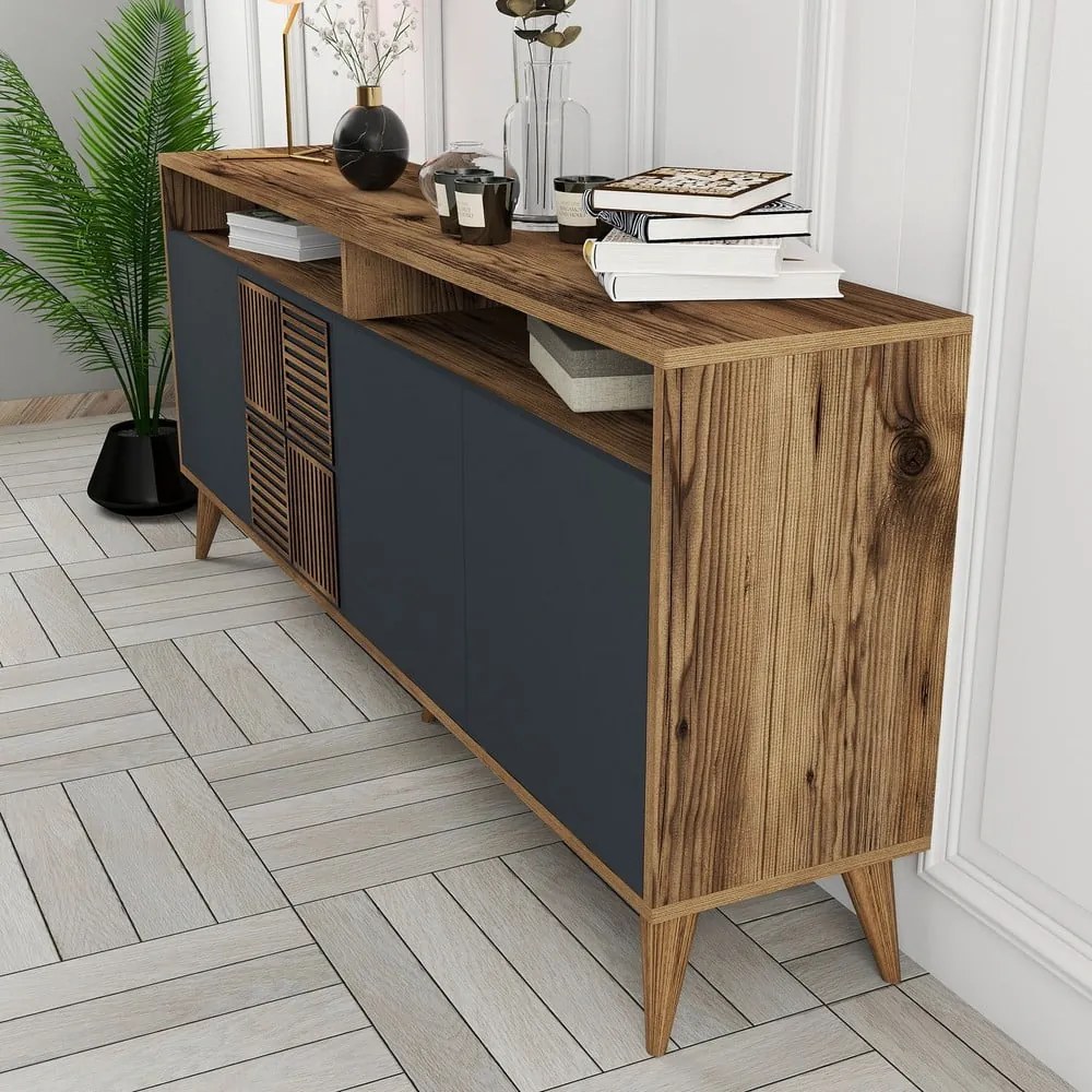 Antracitszürke-natúr színű alacsony komód diófa dekorral 180x79 cm Milan – Kalune Design