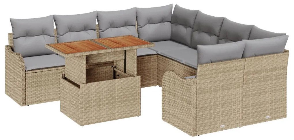 9 Darabos Kerti Kanapé Szett Párnákkal Bézs Poly Rattan Akácia, 2-Fős Kerti Kanapé Párnákkal Bézs Poly Rattan