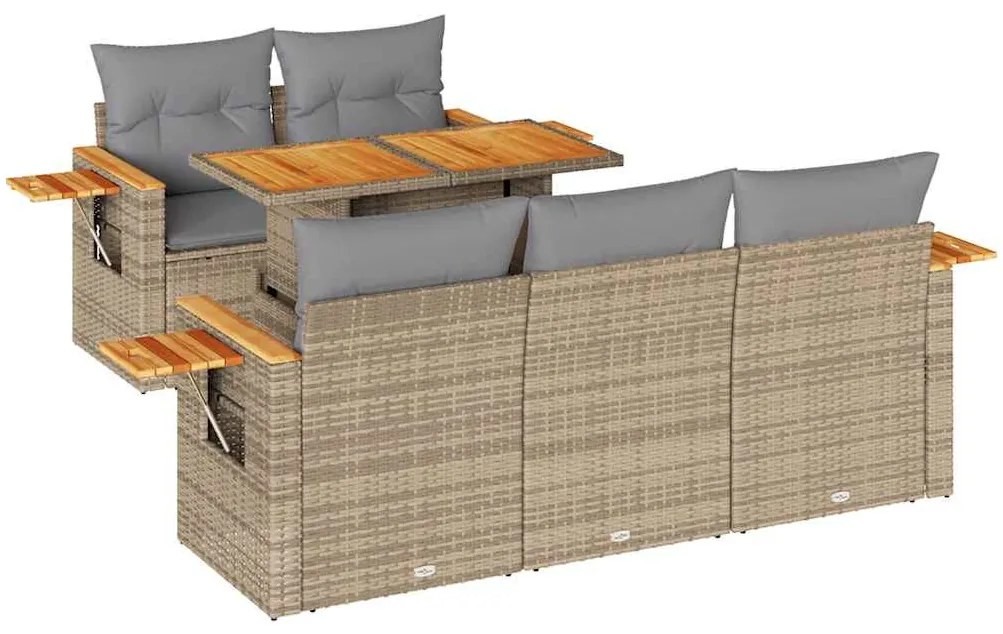 6 részes bézs polyrattan akácfa kerti ülőgarnitúra párnával