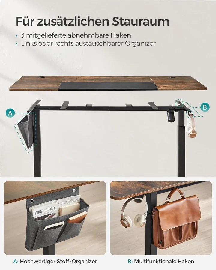 Elektromosan állítható íróasztal, 160 x 70 cm, 72–120 cm, 4 memóriahellyel, vintage barna/fekete