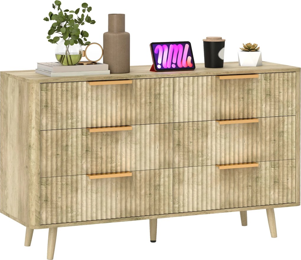 HOMCOM 6-Fiókos Komód hálószobába csíkos dizájnnal és fa lábakkal, Oldalszekrény nappaliba vagy előszobába 62x35x105 cm Tölgy | Aosom