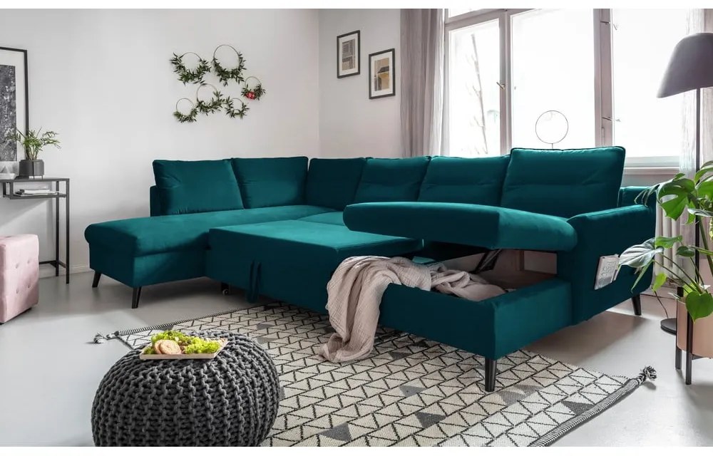 Stylish Stan türkiz kinyitható U alakú bársony kanapé, bal oldali - Miuform