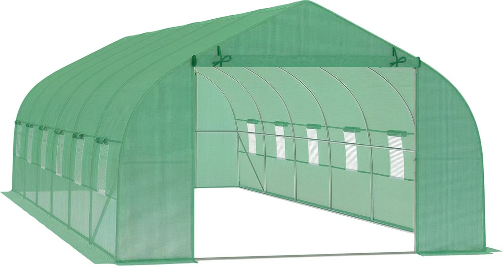Outsunny Kültéri Üvegház Alagút Üvegház 8x3x2 m Kerti Üvegház 12 Ablakkal és Felgörgethető Ajtóval Növények Paradicsomok Zöldségek Növesztéséhez Acél
