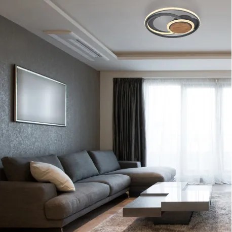 Globo 67256-45 Mennyezeti lámpa fém grafitszürke váz, akril fehér búra, sötétbarna fa dekorral, ø: 500mm, M: 60mm, tartozék: LED 45W 230V, 3600lm forrás, 1700lm kimenet, 3000K