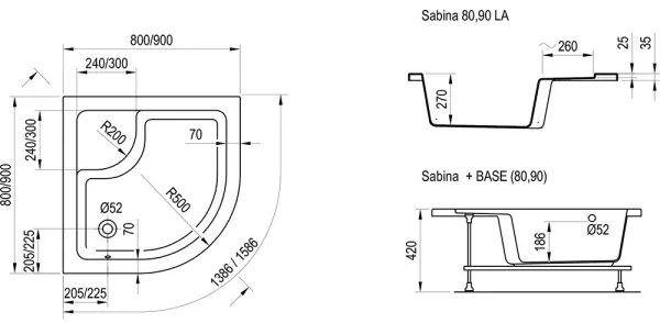 Ravak A217001020 - SABINA negyedköríves zuhanytálca 90x90 cm fehér