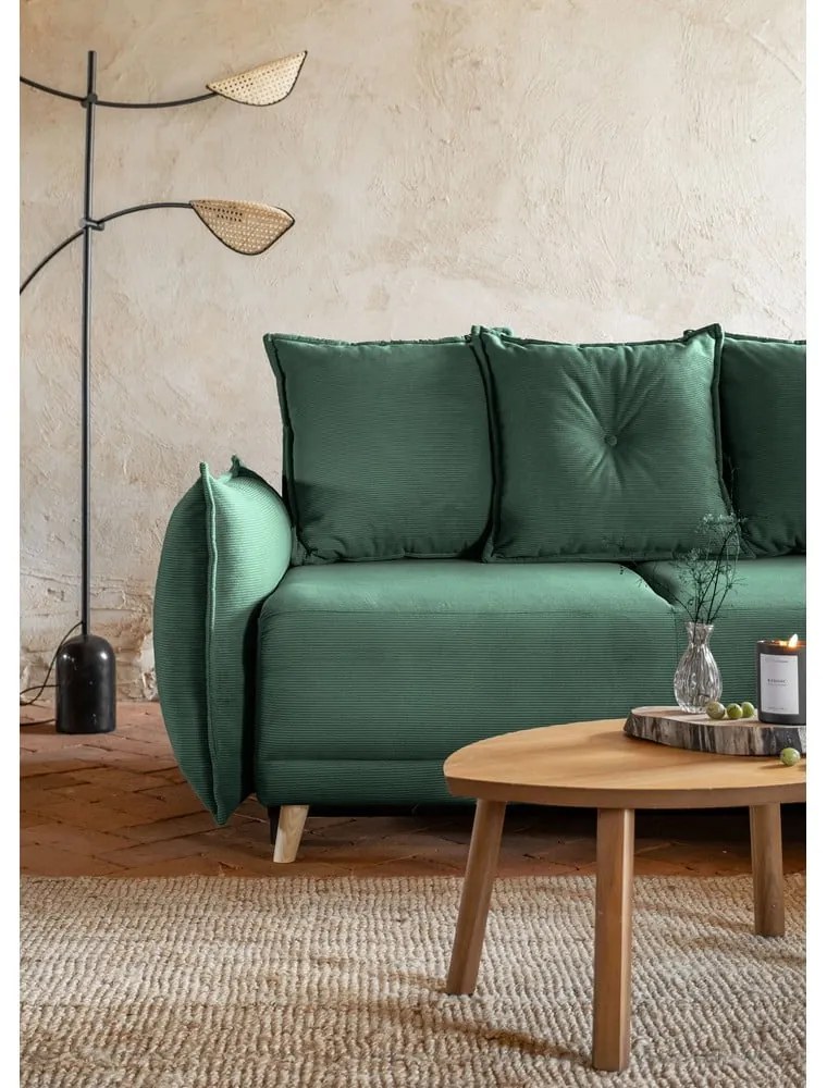 Zöld kordbársony kinyitható sarokkanapé (jobb oldali) Lazy Lukka – Miuform