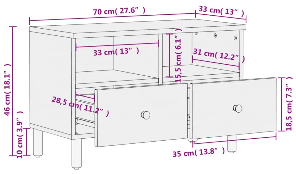 fekete tömör mangófa TV-szekrény 70 x 33 x 46 cm
