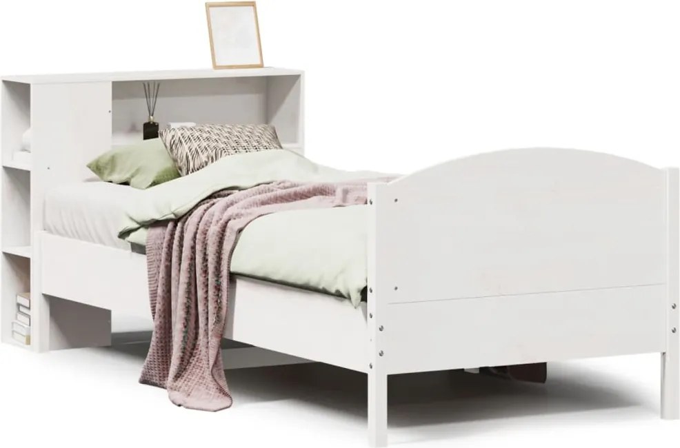 vidaXL fehér tömör fenyőfa könyvespolcos ágy matrac nélkül 75 x 190 cm